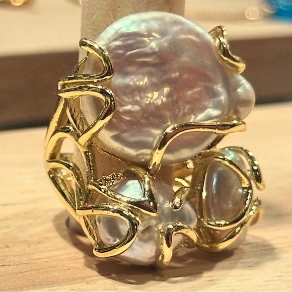 NEW Natural Freshwater Pearl GoldPlated Abstract Wrapped Adjustable Trilogy Ring - Picture 11 of 16